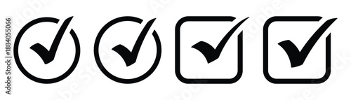 Minimalist black checkmark inside circle thin outline logo design. Сheck mark vector icons set. Simple tick and approved sign collection. Minimal black checkmark glyph symbols