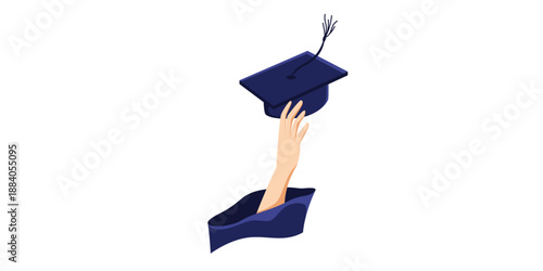 A minimalist vector illustration of a graduation cap and diploma in mid-air
