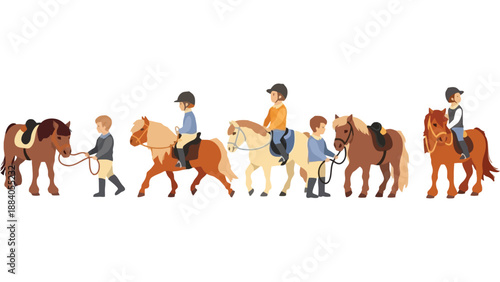 A group of children riding horses in a line with an instructor