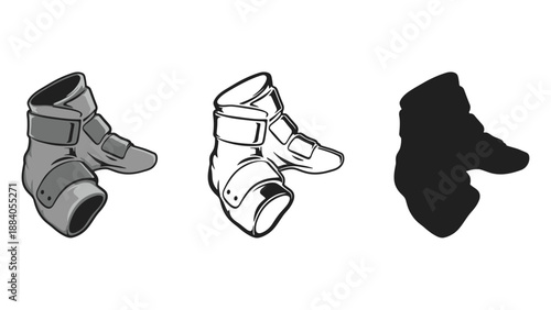 An illustration of three ankle braces in different colors and styles
