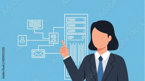 Woman pointing to server rack and network diagram.