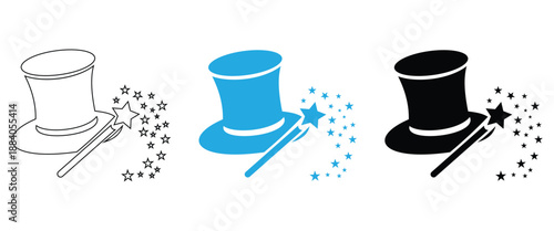 Magic Hat & Stars Icon Set – Circus, Abracadabra & Magic Trick Symbols in Flat & Outline Vector Style