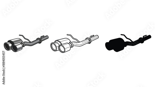 A detailed illustration of three different car exhaust system designs