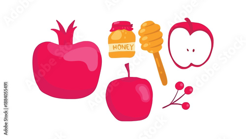 A colorful illustration of healthy food and drink ingredients for a balanced diet