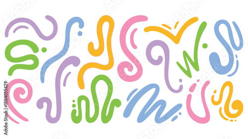 A colorful abstract illustration of swirling lines and shapes on a white background