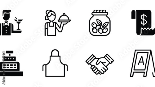 A collection of black and white icons representing various business concepts