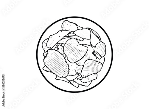 Black and white line drawing of a bowl filled with potato chips. The chips are variously shaped, overlapping, and textured with lines, conveying a casual, snack-like feel.