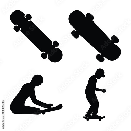 Black silhouettes of skateboards and skateboarders engaging in street sports activity