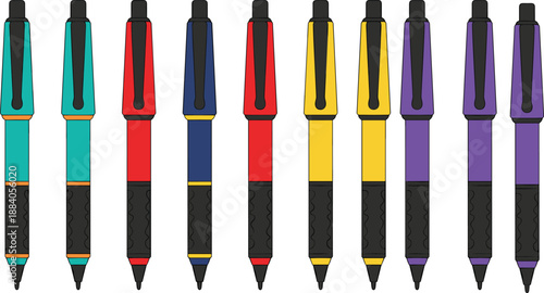 Colorful retractable ballpoint pen set with modern stationery design showing multiple writing instruments isolated on white background flat vector illustration