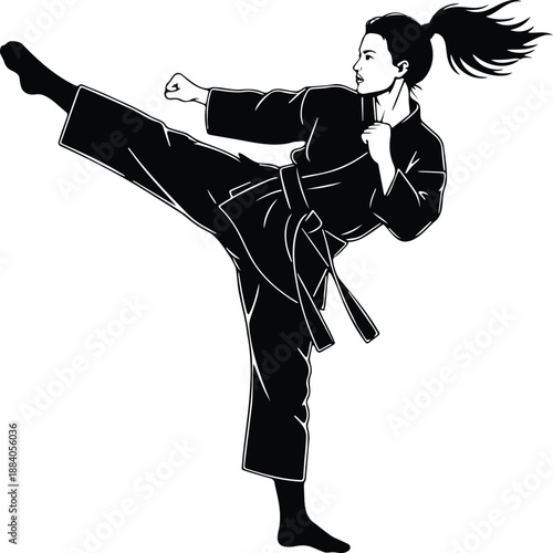 Karate woman martial artist practicing high side kick