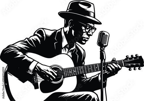 Jazz blues musician playing acoustic guitar silhouette vector