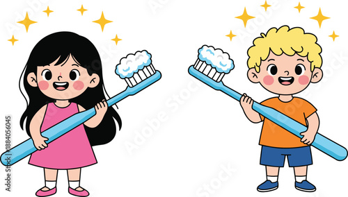Cute children holding toothbrushes with foam, happy boy and girl cartoon characters, dental hygiene education for kids, oral care concept, isolated on white background