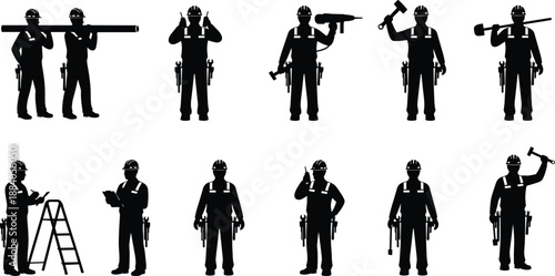 Construction worker silhouette set showing builders with tools safety helmets working poses isolated on white background vector illustration