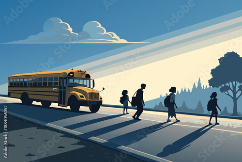 School Bus Arrival Morning Illustrat