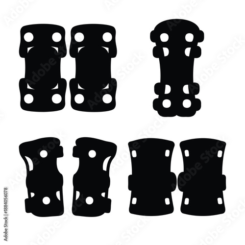 Collection of black silhouettes depicting various protective pads for sports activities