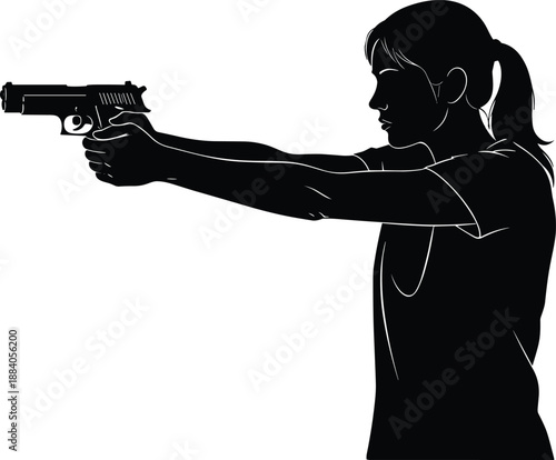 Black silhouette of a woman aiming a handgun pistol at a target for self defense and firearm safety training exercises outdoors