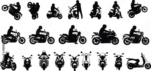 Big Set of Vector Motorbike Silhouette Icons Including Sport Bikes Scooters and Delivery Mopeds with Riders Isolated on White Background for Graphic Design Projects