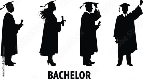 Bachelor graduation silhouettes of diverse students wearing caps and gowns, academic achievement, education success concept, isolated black figures on white background