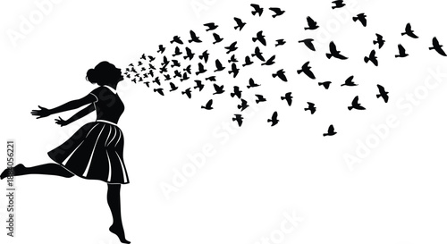 Black silhouette of a young girl in a dress releasing a large flock of birds from her mouth for freedom concept (Exactly 21 words)