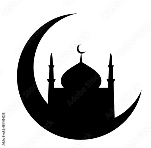 Elegant black silhouette of a mosque dome and minarets inside a crescent moon. Symbol for Ramadan Kareem, Eid Mubarak, and Islamic holidays.