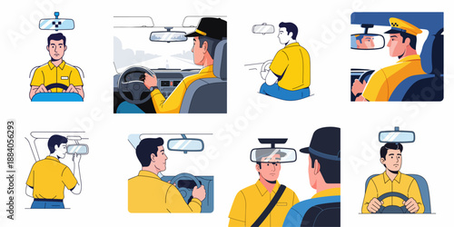 Set of vector illustrations featuring professional male drivers inside a vehicle, focusing on the rearview mirror, dashboard, and transportation concepts.