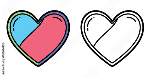 Cute divided heart vector illustration set featuring a colorful pink and blue cartoon heart and a black and white outline version suitable for coloring book pages, icons, or stickers