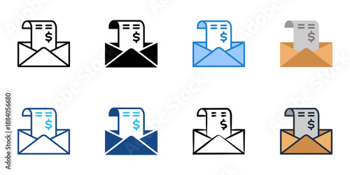 Salary slip icons set multiple style collection. Editable stroke 
