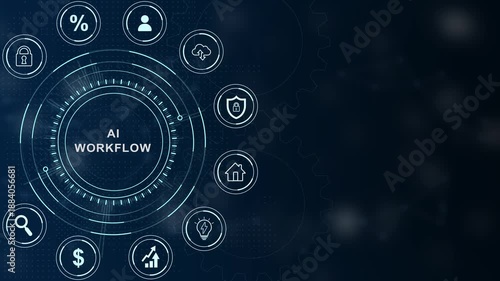 AI WORKFLOW text successful business concept ,Business, Technology, Internet and network concept ,abstract circles and gears backgrounds 4K LOOP, Partnership ,Motion Graphic on Blue Background .