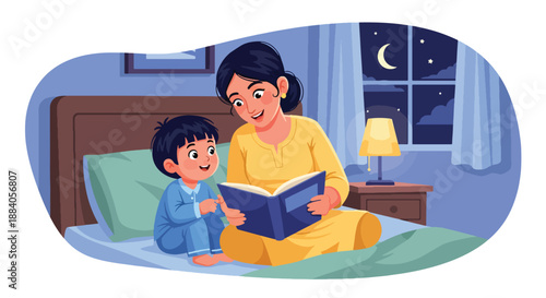 Vector illustration of an Indian mother reading a bedtime story to her child, expressing care, imagination, and peaceful family time in a cozy flat vector home setting