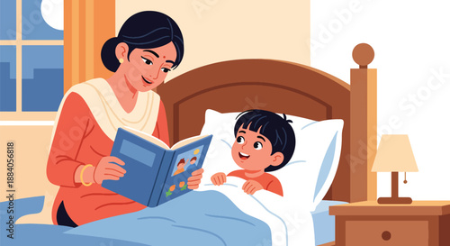 Vector illustration of an Indian mother reading a bedtime story to her child, expressing care, imagination, and peaceful family time in a cozy flat vector home setting