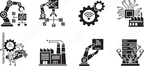 Set of black depicting robotic arms factories and technology circuits