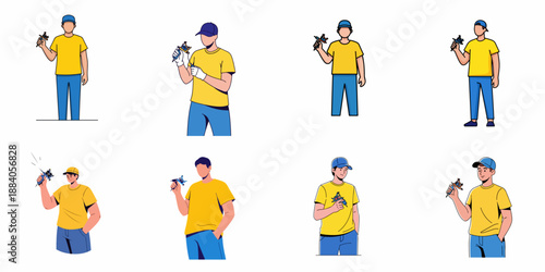 Eight vector illustrations of a male tattoo artist holding a coil tattoo machine, depicted in various poses and styles against a white background.