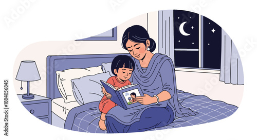Vector illustration of an Indian mother reading a bedtime story to her child, expressing care, imagination, and peaceful family time in a cozy flat vector home setting
