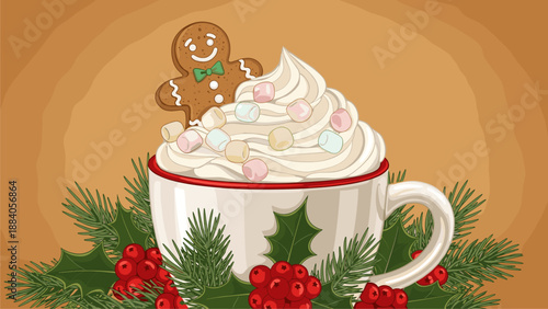 Festive Hot Chocolate with Gingerbread Man Illustration