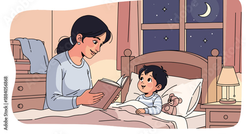 Vector illustration of an Indian mother reading a bedtime story to her child, expressing care, imagination, and peaceful family time in a cozy flat vector home setting