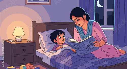 Vector illustration of an Indian mother reading a bedtime story to her child, expressing care, imagination, and peaceful family time in a cozy flat vector home setting
