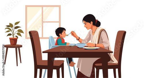 Vector illustration of an Indian mother feeding her toddler at home, symbolizing daily care, nutrition, and loving family routine in a flat, clean, modern style