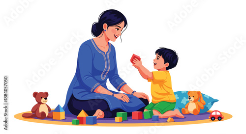 Vector illustration of an Indian mother playing with her child using toys, showing joyful bonding, creativity, and happy family life in a colorful flat vector scene