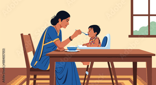 Vector illustration of an Indian mother feeding her toddler at home, symbolizing daily care, nutrition, and loving family routine in a flat, clean, modern style
