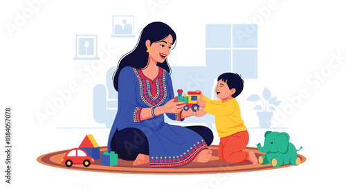 Vector illustration of an Indian mother playing with her child using toys, showing joyful bonding, creativity, and happy family life in a colorful flat vector scene