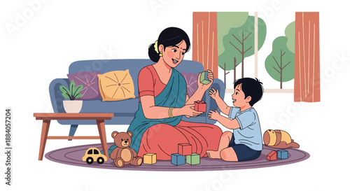 Vector illustration of an Indian mother playing with her child using toys, showing joyful bonding, creativity, and happy family life in a colorful flat vector scene