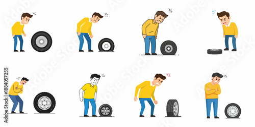 Set of angry male characters dealing with various flat tire situations, expressing frustration, car maintenance issues, and automotive failure.