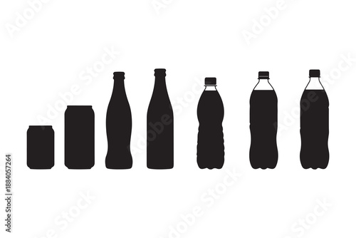A black and white set of beer bottles made of glass, shown as isolated beverage containers on a white background