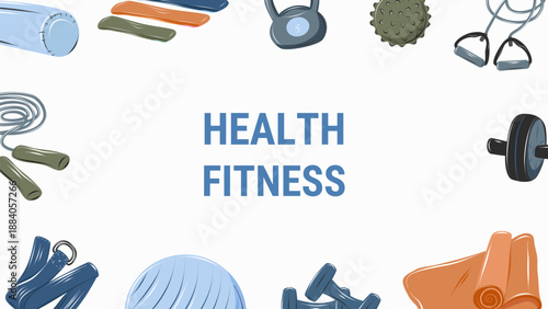 Fitness and health web banner with sports equipment set. Modern flat illustration for gym websites, wellness services, fitness marketing and landing page design.