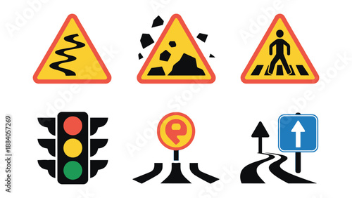 A collection of road signs and traffic symbols on a white background