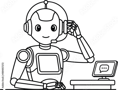 Friendly robot wearing headset and working on computer with speech bubble on screen in a modern customer service setting efficiently