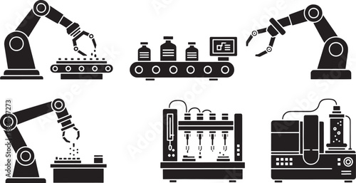 Six black sketched industrial robotic arms and machinery on white industrial robot arm conveyor belt