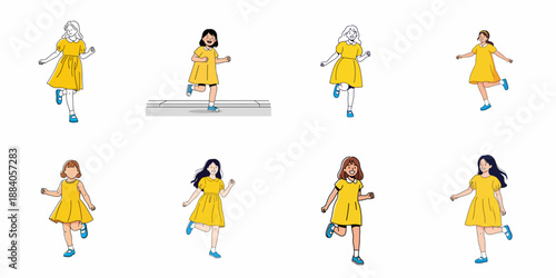 Happy little girls running and skipping cheerfully in bright yellow dresses, illustrating childhood joy, freedom, and activity.