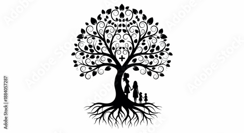 Black silhouette of a tree with roots and a family standing beside the trunk on a white background.