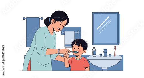 Vector illustration of an Indian mother teaching her child to brush teeth, promoting hygiene education and healthy family habits in a friendly flat vector design